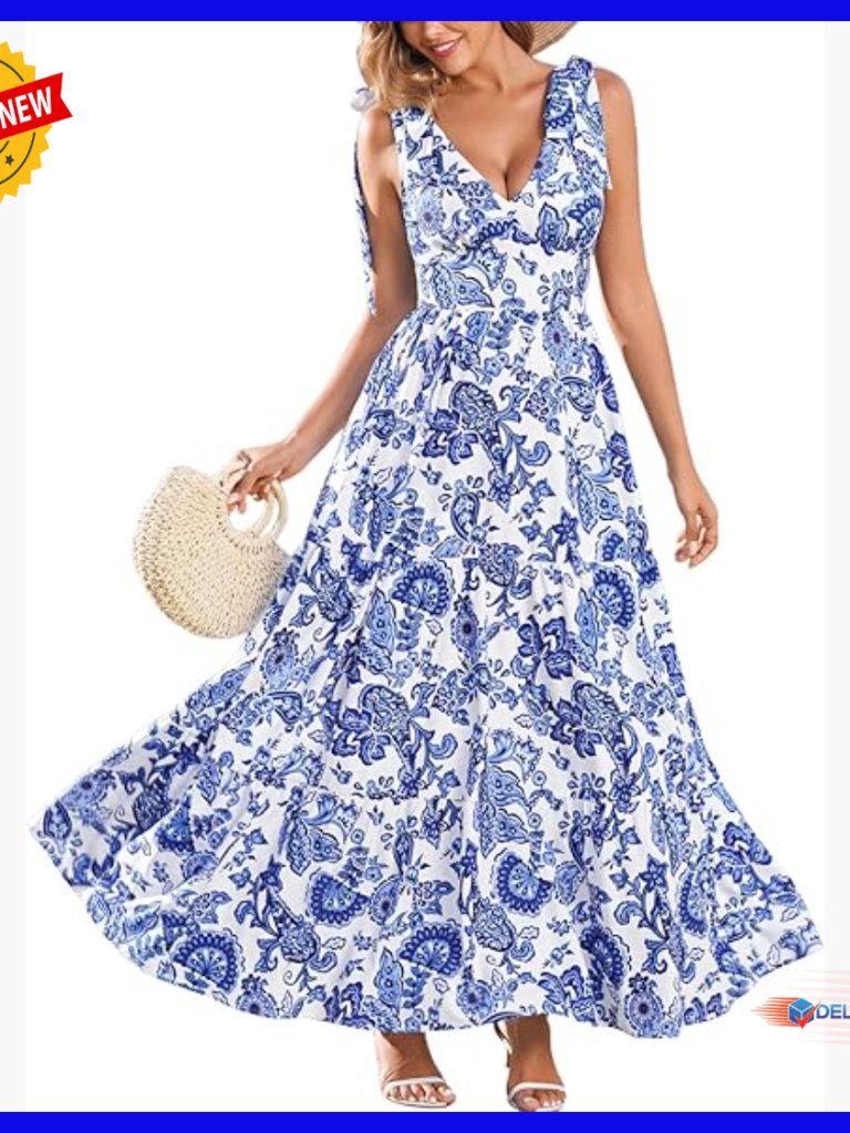 Women's Summer Floral Maxi Dress V-Neck Tie Shoulder Boho Sundress